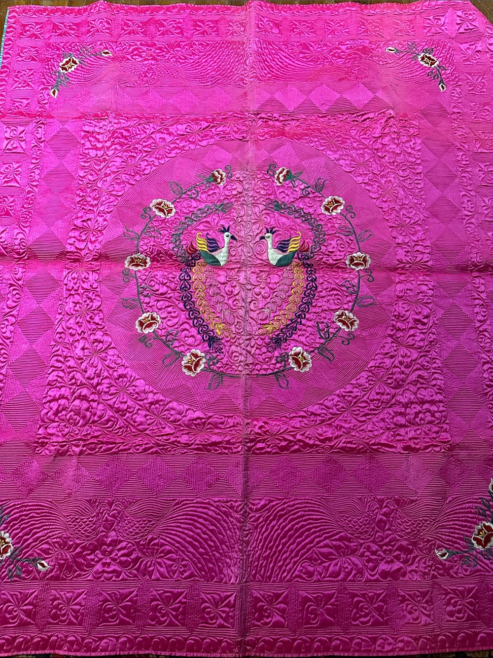 Vintage 1940s Era Silk Satin Quilted Asian Throw / Comforter 64x72